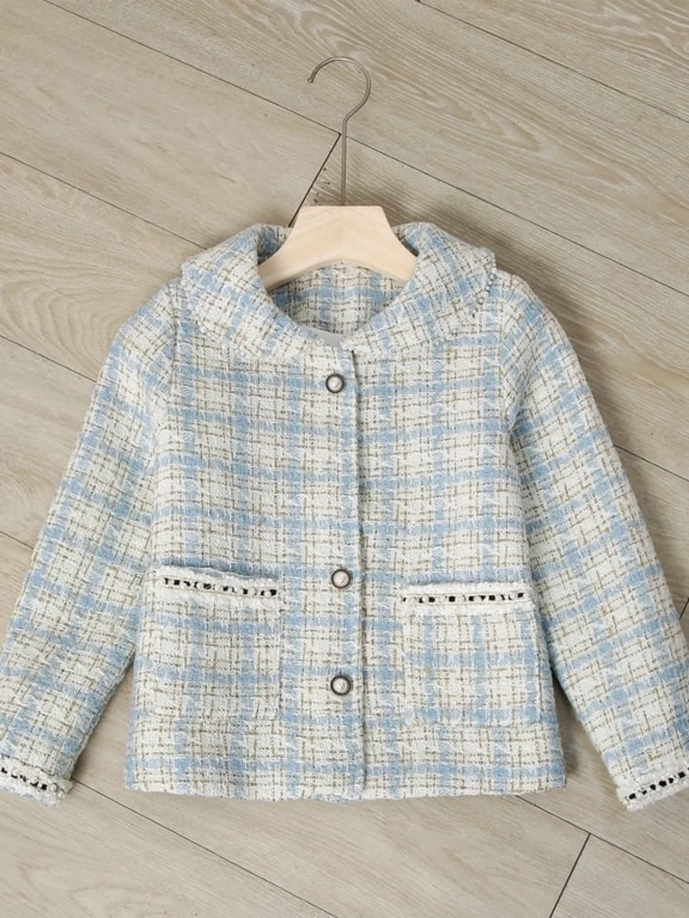 Girls' Cream & Light Blue Plaid Tweed Jacket and Skirt Set